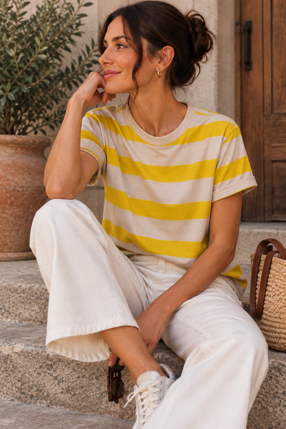 Beige & Yellow Striped Crew Neck Short Sleeve T-Shirt
