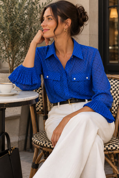 Blue Polka Dot Pleated Cuff Blouse