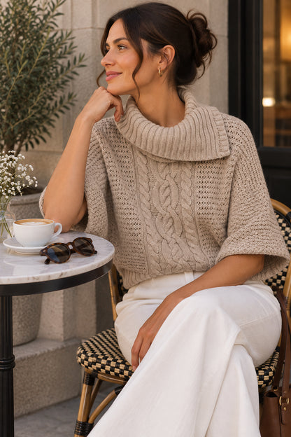 Beige Cable-Knit Chunky Oversized Cowl Neck 3/4 Sleeve Jumper