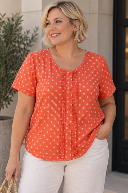 Orange & White Polka Dot Round Neck Button Blouse