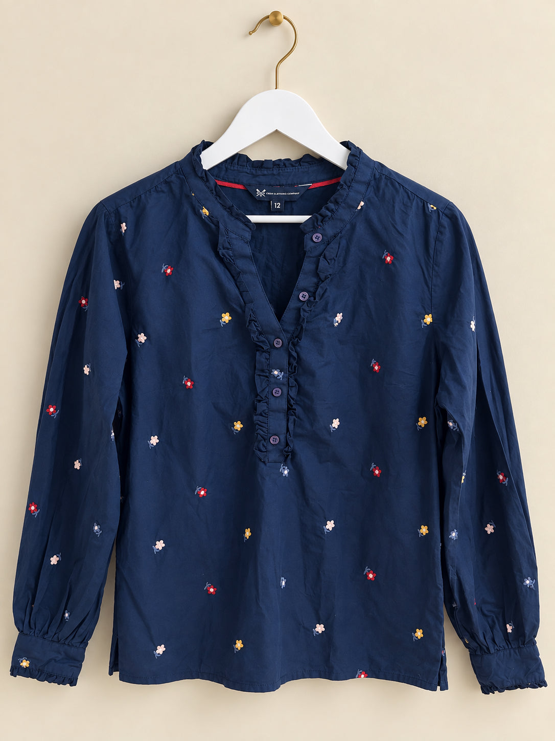 Navy Floral Collared Ruffle Button Blouse