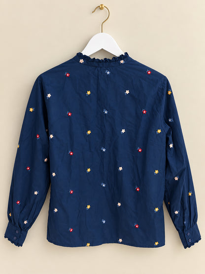Navy Floral Collared Ruffle Button Blouse