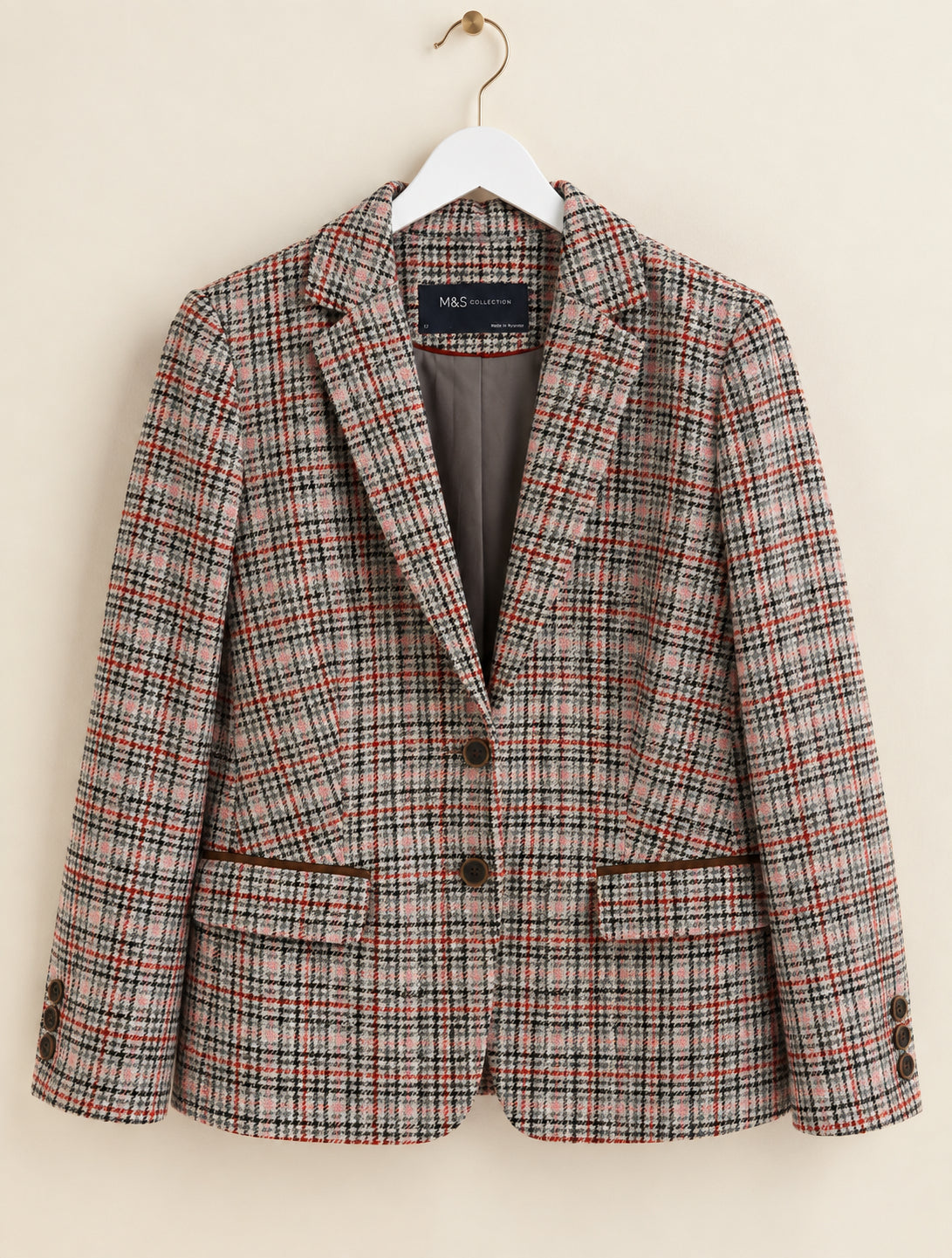 Grey, Red & Pink Check Tweed Blazer