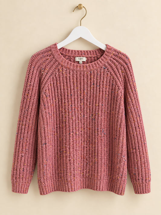 Pink Speckled Rib-Knit Crew Neck Raglan Jumper