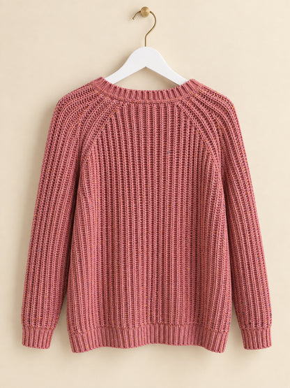 Pink Speckled Rib-Knit Crew Neck Raglan Jumper