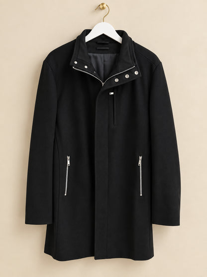 Black Longline Biker Coat Zip Detail Funnel Neck Jacket