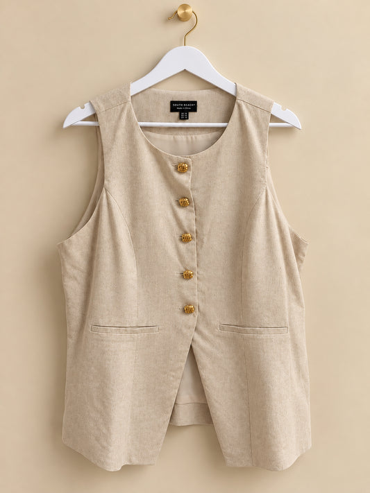 Cream Sleeveless Linen Blend Waistcoat